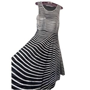 Miss New York Women Small Sheer Black White Striped Flared Tank Lined Midi Dress